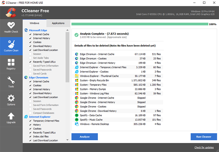 CCleaner, limpeza de cache