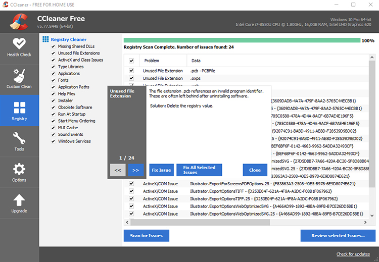 CCleaner, limpeza de registro