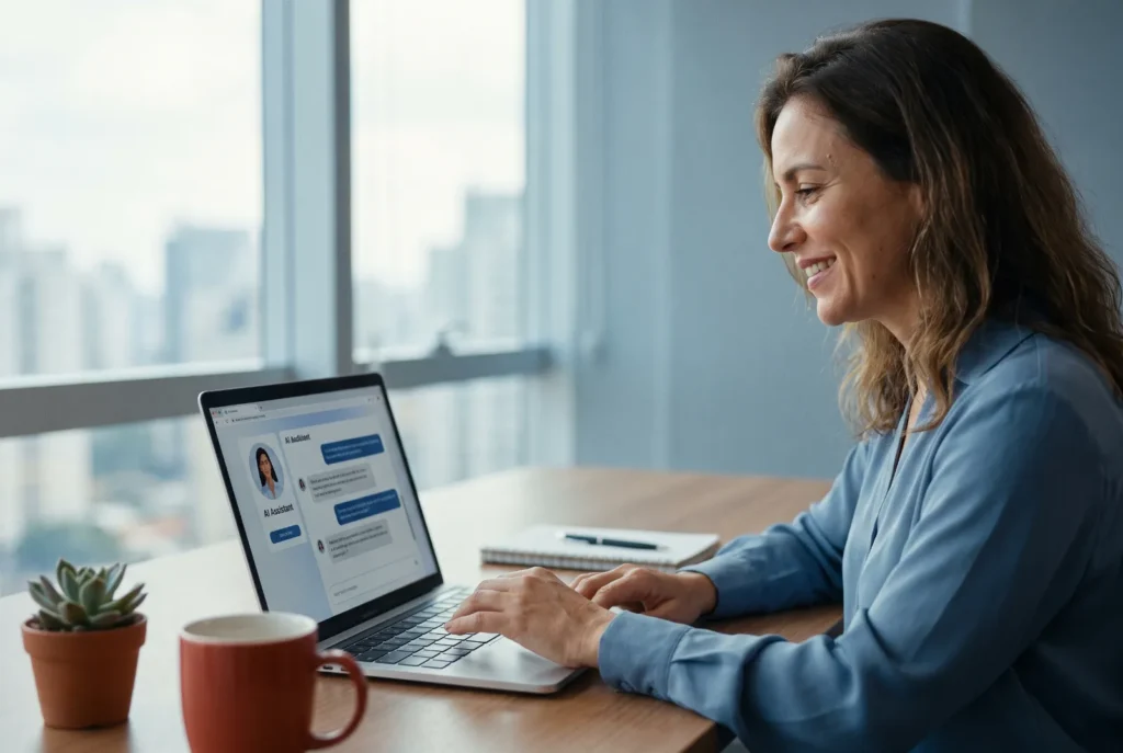 Inteligencia artificial para empresas: dona de empresa usando IA com naturalidade no escritorio