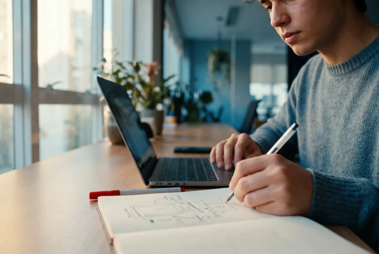 Empreendedor criando uma ideia de software com apoio de IA (vibe coding) em uma mesa organizada